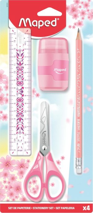 STATIONERY SET PASTEL 4PCS, Maths Sets & Calculators, Pencil Cases & Rulers, Pens & Pencils, Scissors, Sharpeners & Erasers