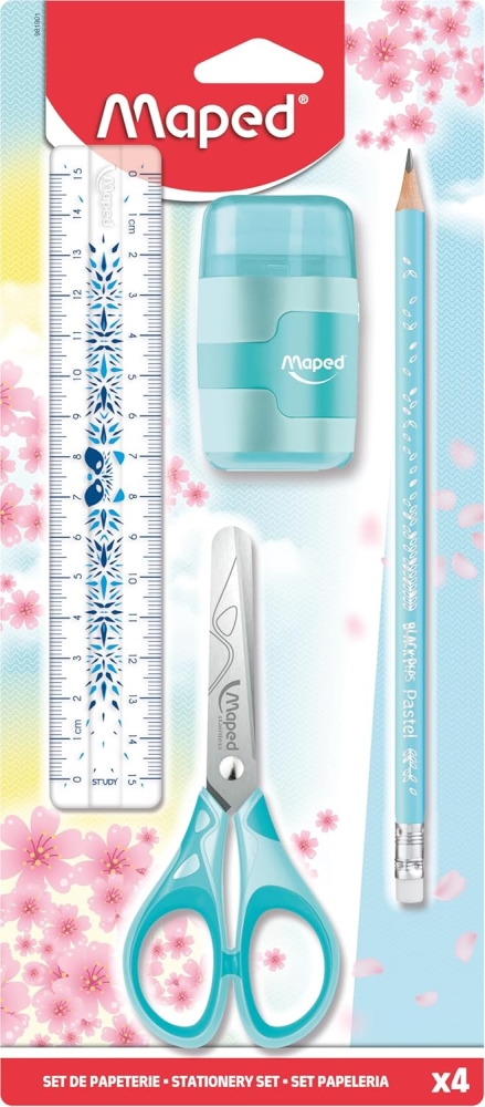 STATIONERY SET PASTEL 4PCS, Maths Sets & Calculators, Pencil Cases & Rulers, Pens & Pencils, Scissors, Sharpeners & Erasers